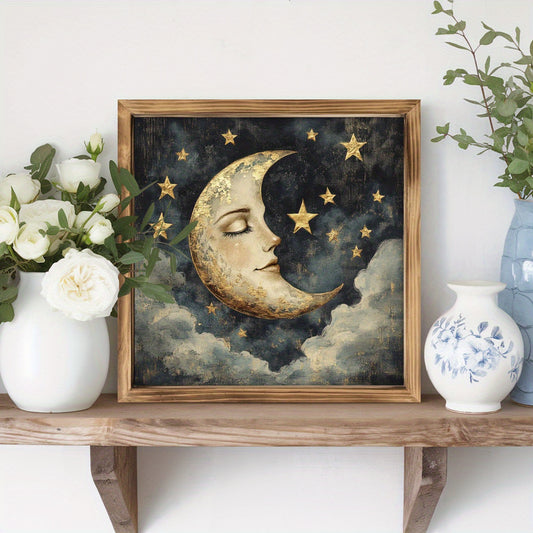 1pc 2D Flat Rustic Moon and Stars Wooden Wall Art | Vintage Crescent Moon with Twinkling Stars on Dark Blue Background | Framed Home Décor for Entryway Living Room Kitchen Bedroom or Desktop | Ideal Housewarming Gift | 2D Flat