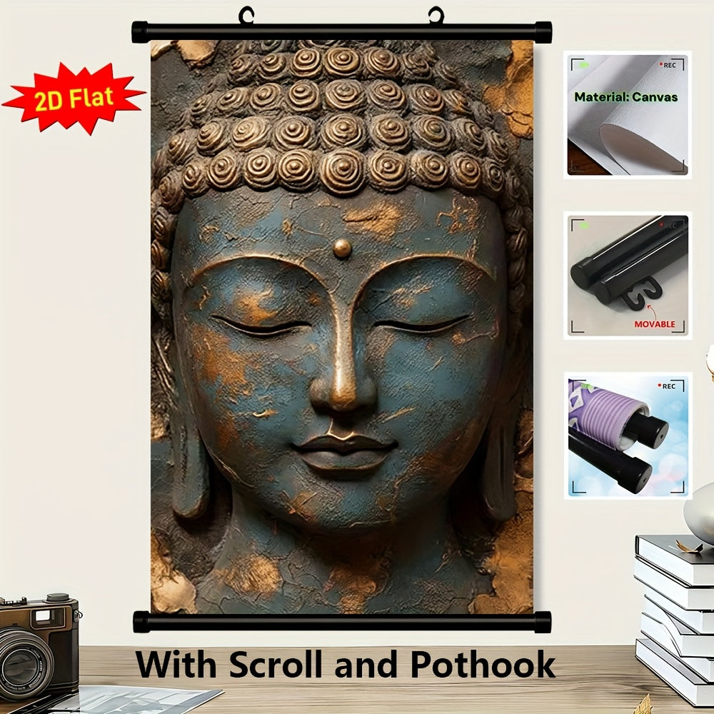 2D Flat 1pc Hanging Scroll Canvas Wall Art Poster | Serene Buddha Face Design in Blue and Brown | Flat Canvas Print for Living Room Office Meditation Spaces | Spiritual Home Decor Gift | Ready to Hang