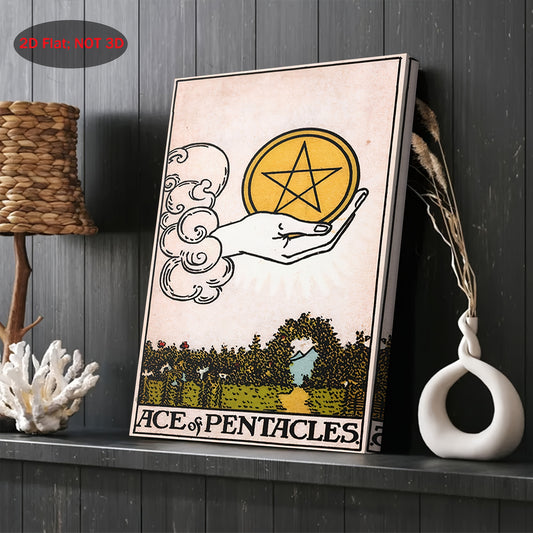 2D Flat 1pc Vintage Ace of Pentacles Tarot Card Canvas Wall Art | 11.8x15.7 Inch Wooden Framed Spiritual Painting | Boho Meditation Decor for Home