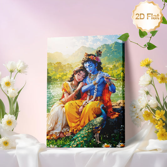 1pc 2D Flat Framed Canvas Painting Krishna Radha Artwork with Vibrant Colors Serene Lake Scene and Peacock Motifs Spiritual Hindu Wall Art for Living Room Bedroom Meditation Room Yoga Studio Temple or Office Decor
