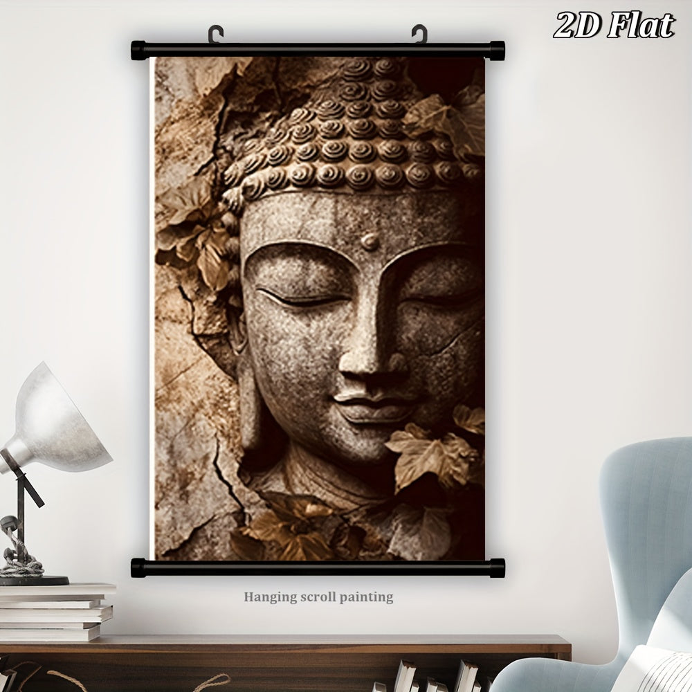 2D Flat 1pc Buddha Face Hanging Scroll Canvas Painting | French Art Deco Contemporary Zen Wall Art in Beige and Brown | Frameless Scroll for Meditation Spaces Living Room Bedroom or Office | Durable Spiritual Decor