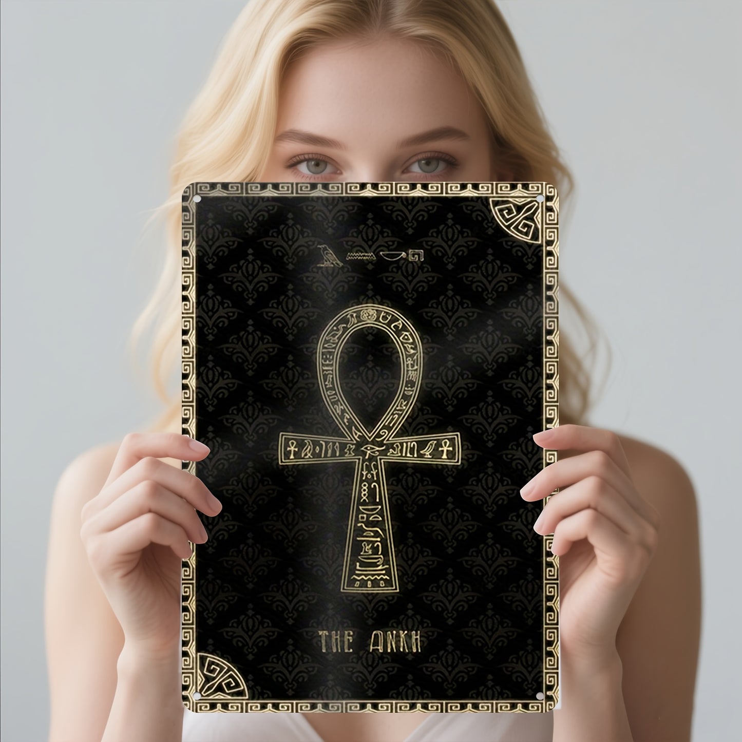 1pc Egyptian Ankh Cross Metal Wall Art | Golden and Black Ancient Egyptian Symbol with Hieroglyphic Border | 12x8 Inch Cultural Decor for Home Office Living Room Bedroom