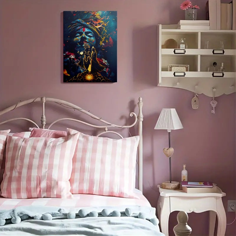 2D Flat 1pc Framed Canvas Painting Divine Harmony Lord Krishna and Radha in Lotus Blossom | Vibrant Hindu Deities Artwork | Recycled Wood Frame | Ready to Hang Spiritual Wall Decor for Living Room Temple or Sacred Spaces