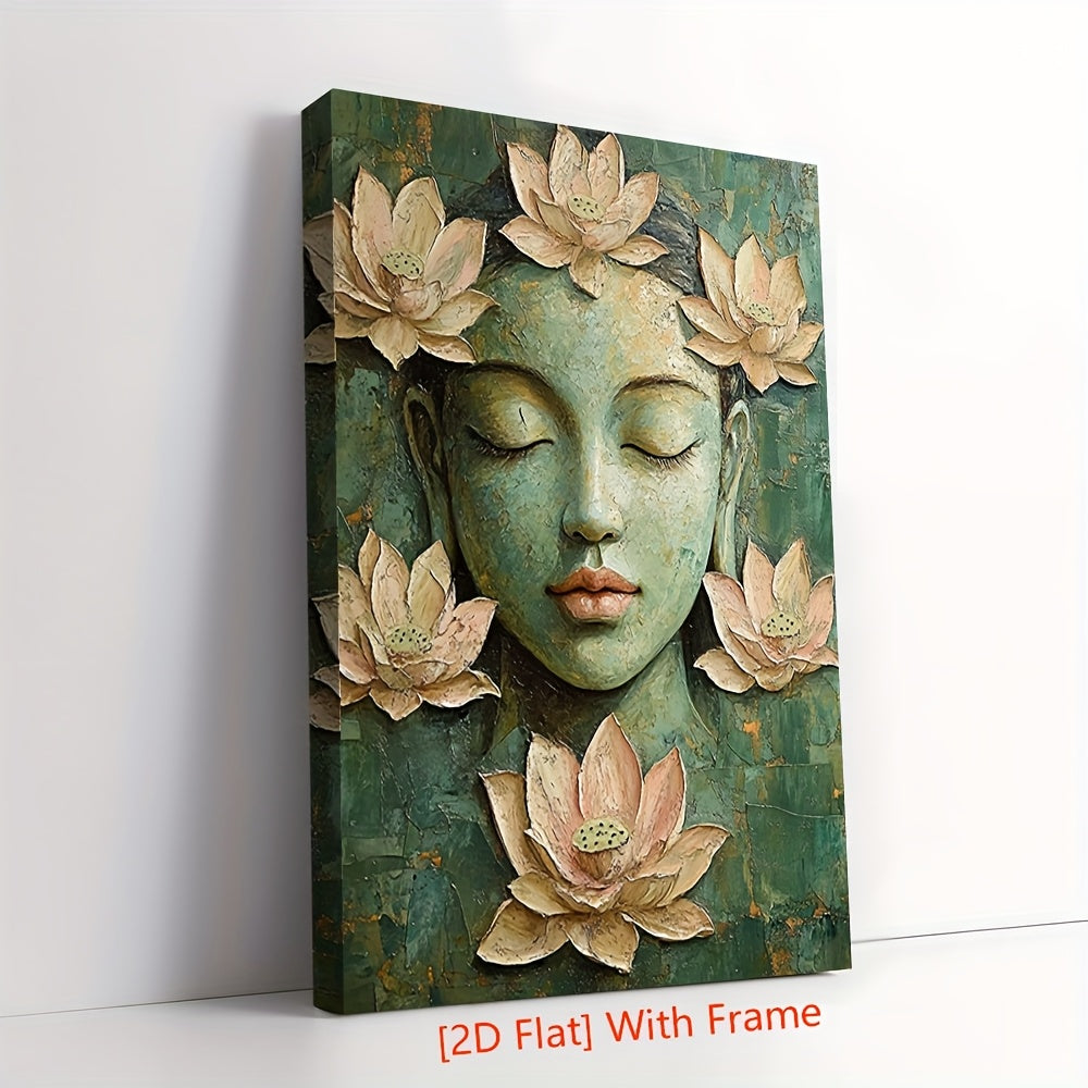 1pc 2D Flat 12.0x16.0inch Serene Buddha Canvas Painting with Wood Frame Green Beige Lotus Meditation Art Boho Spiritual Wall Decor for Home Office Yoga Studio Regenerated Wood Ready to Hang Perfect for Room Decor Yoga Studio Art