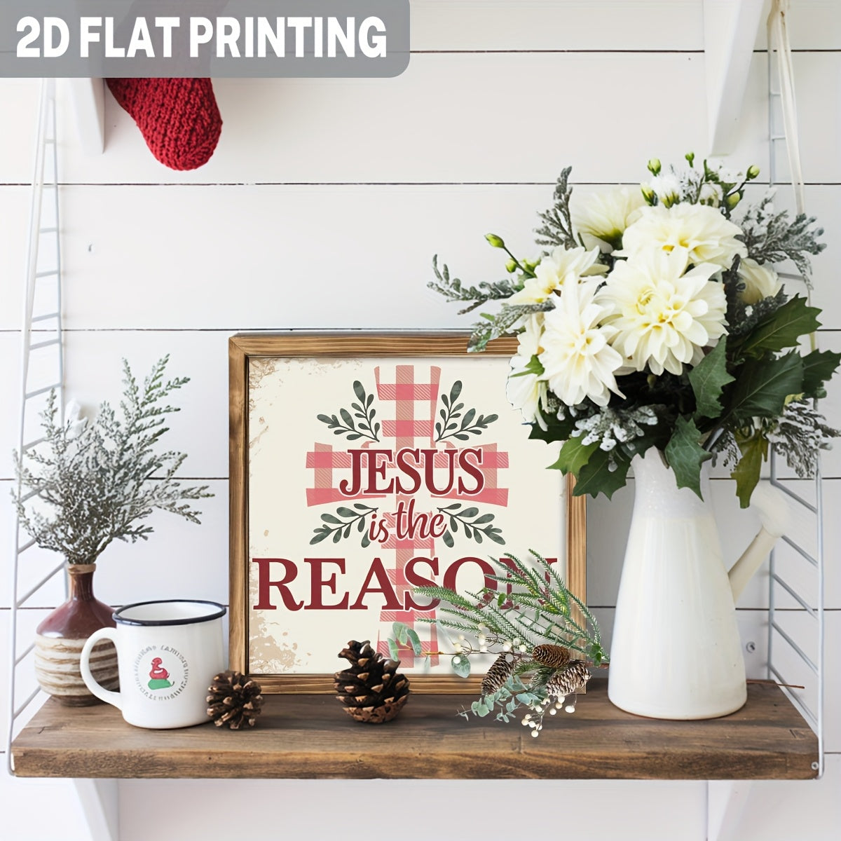 1pc 2D Flat Jesus Is the Reason Wooden Sign | Wooden Cross Scripture Wall Décor with Verse | Framed Farmhouse Design with Vertical Plaid and Greenery | Christian Home, Church, or Christmas Gift | 2D Flat