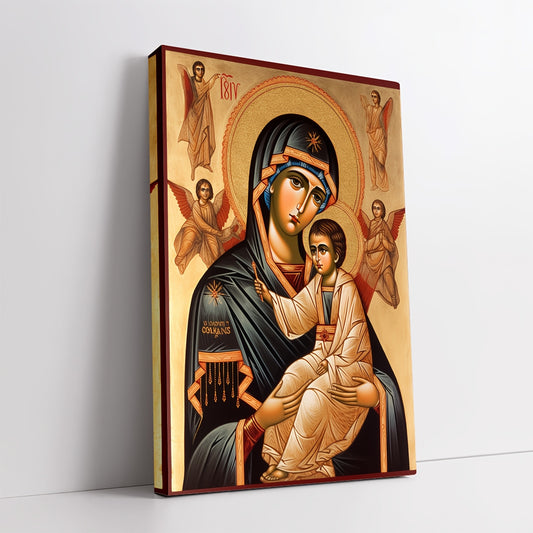 2D Flat 1pc Virgin Mary & Jesus Christ Canvas Wall Art 11.8x15.7 Inch Orthodox Christian Icon Painting with Golden Halo & Greek Cross Design