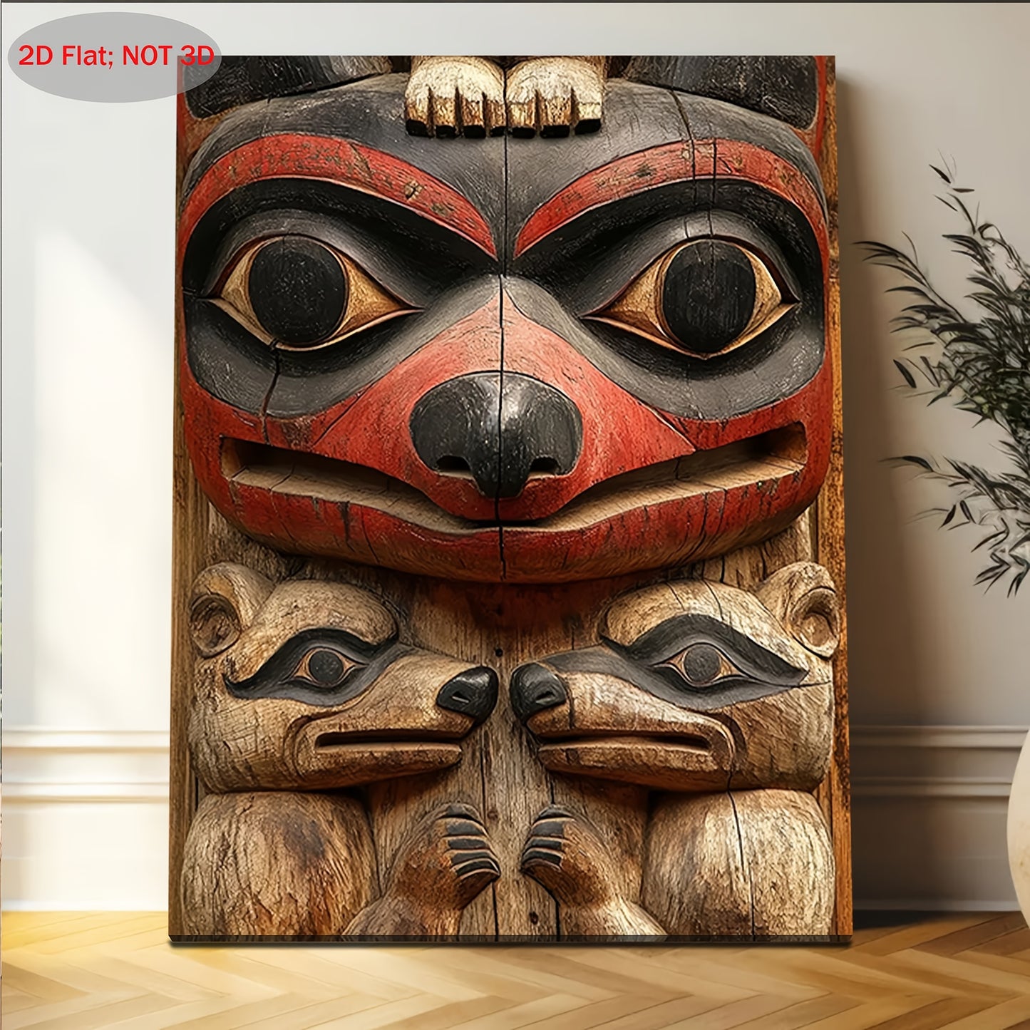 2D Flat 1pc Native American Totem Pole Wall Art | Red & Black Tribal Canvas Painting with Bear, Wolf & Orca | Cultural Hanging Decor (11.8×15.7 in / 30×40 cm)
