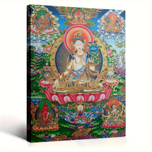 1pc Framed 2D Flat Canvas Painting of Amitabha Buddha with Bodhisattvas Sacred Mandala Zen Decor for Living Room Bedroom Meditation Space and Office