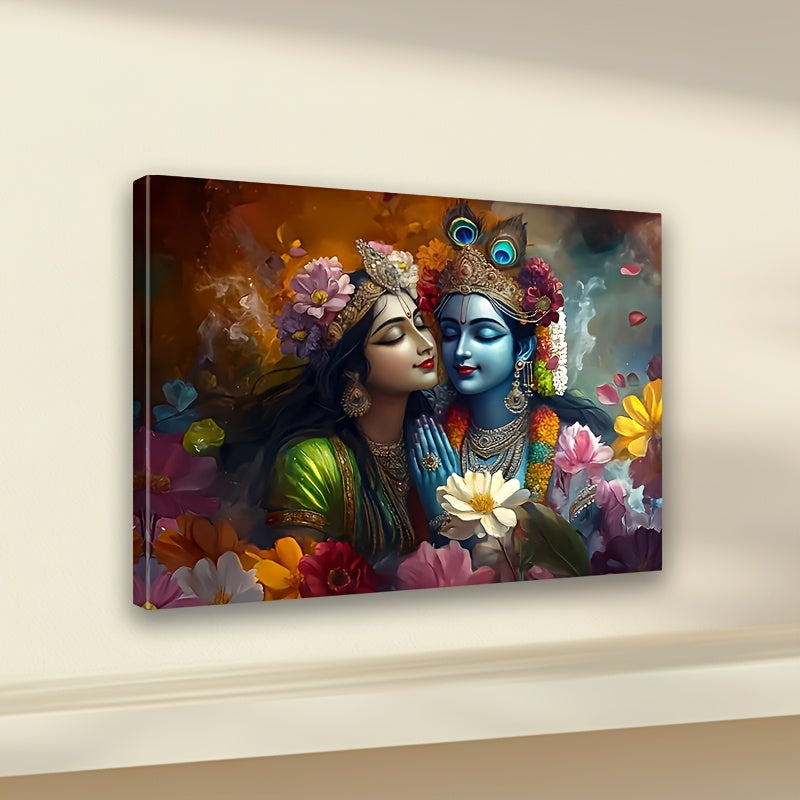 2D Flat Framed Radha and Krishna Sacred Love Canvas Art | Elegant Hindu Spiritual Wall Decor for Bedroom Living Room Office or Cafe