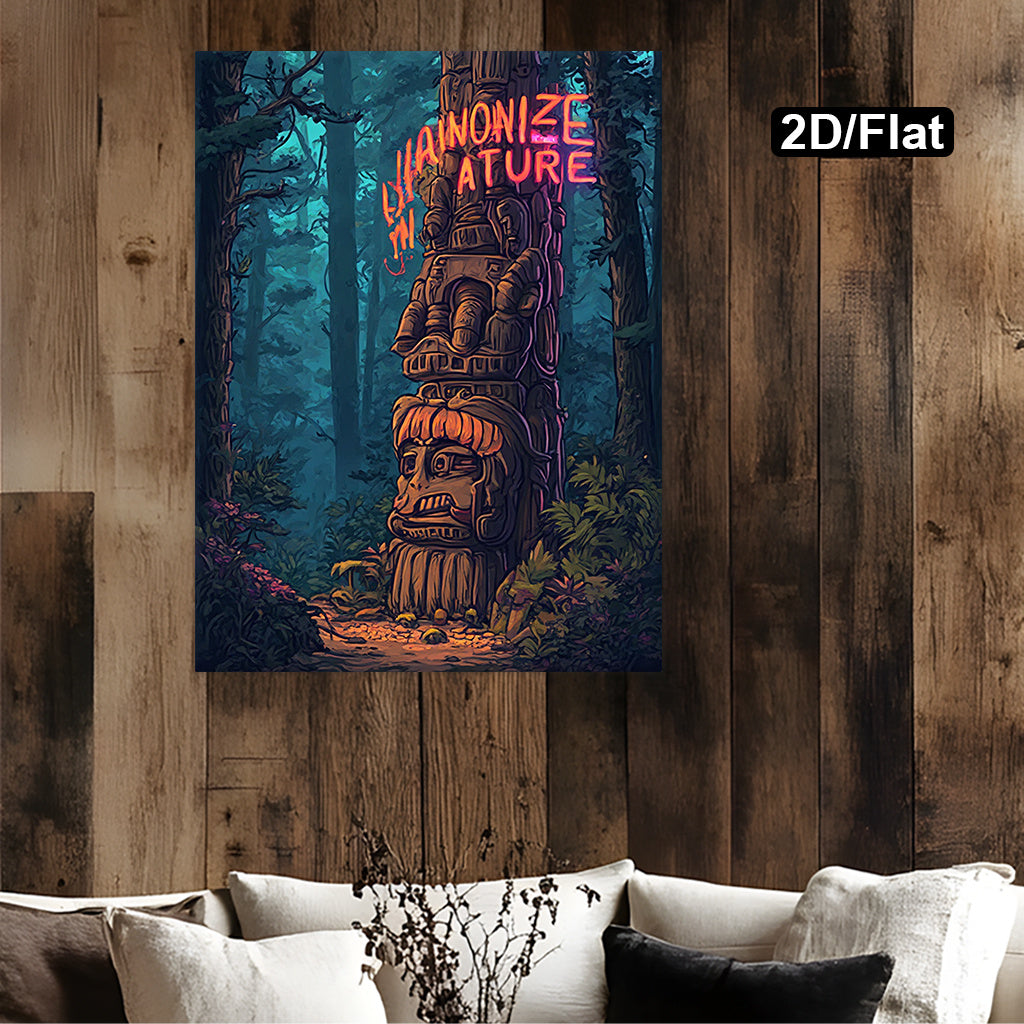 2D Flat Mysterious Totem Pole Forest Canvas Wall Art | Enchanted Woodland Painting with Neon “Harmonize with Nature” Quote | Wooden Framed Modern Nature Decor