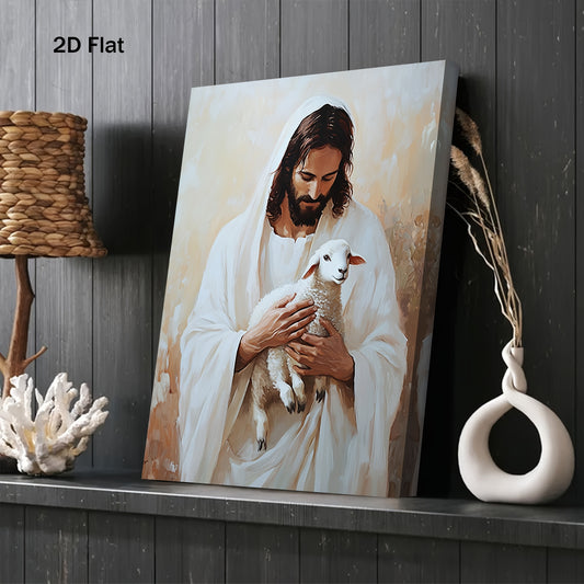 1pc 2D Flat Jesus Holding a Lamb Wooden Framed Canvas Painting | Classic Christian Wall Art in Soft Beige and Brown Tones | Spiritual Home Décor for Bedroom Living Room Kitchen or Bathroom | Faith-Based Gift | 11.8x15.7 Inch