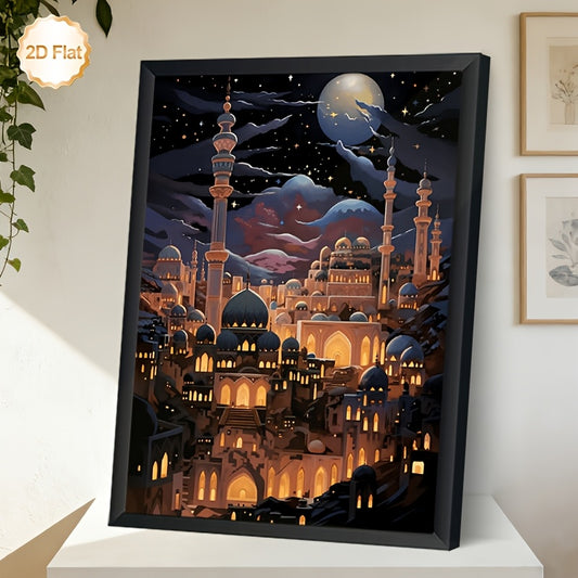 1pc 2D Flat Framed Islamic Architecture Wall Art | Night Cityscape Mosque with Moon and Stars | Elegant Islamic Art for Living Room Bedroom or Home Office | Thoughtful Ramadan and Eid Gift for Muslim Households | 2D Flat