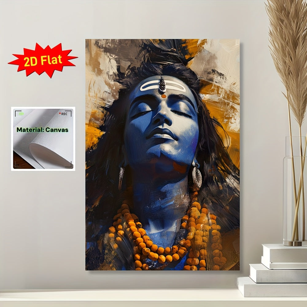 2D Flat 1pc Lord Shiva Hindu Deity Framed Canvas Wall Art | Indian Religious Artwork with Auspicious Red and White Ganga Jamuni Tikona | Ready to Hang Scroll Poster for Home Temple Office or Spiritual Gift | Compatible with Indian Scroll Rods