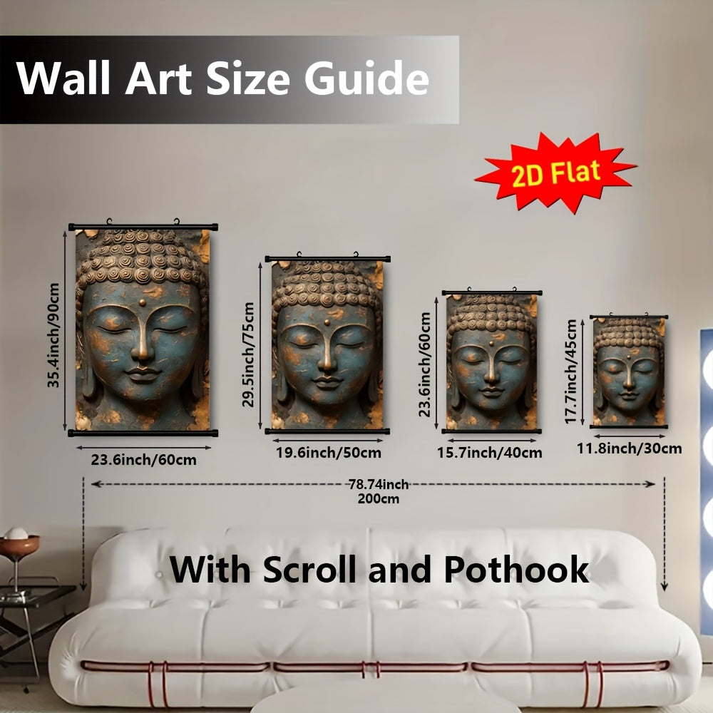 2D Flat 1pc Hanging Scroll Canvas Wall Art Poster | Serene Buddha Face Design in Blue and Brown | Flat Canvas Print for Living Room Office Meditation Spaces | Spiritual Home Decor Gift | Ready to Hang