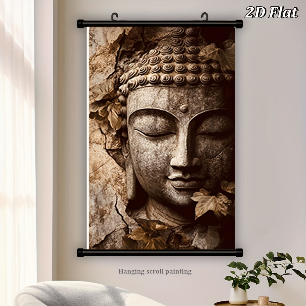 2D Flat 1pc Buddha Face Hanging Scroll Canvas Painting | French Art Deco Contemporary Zen Wall Art in Beige and Brown | Frameless Scroll for Meditation Spaces Living Room Bedroom or Office | Durable Spiritual Decor