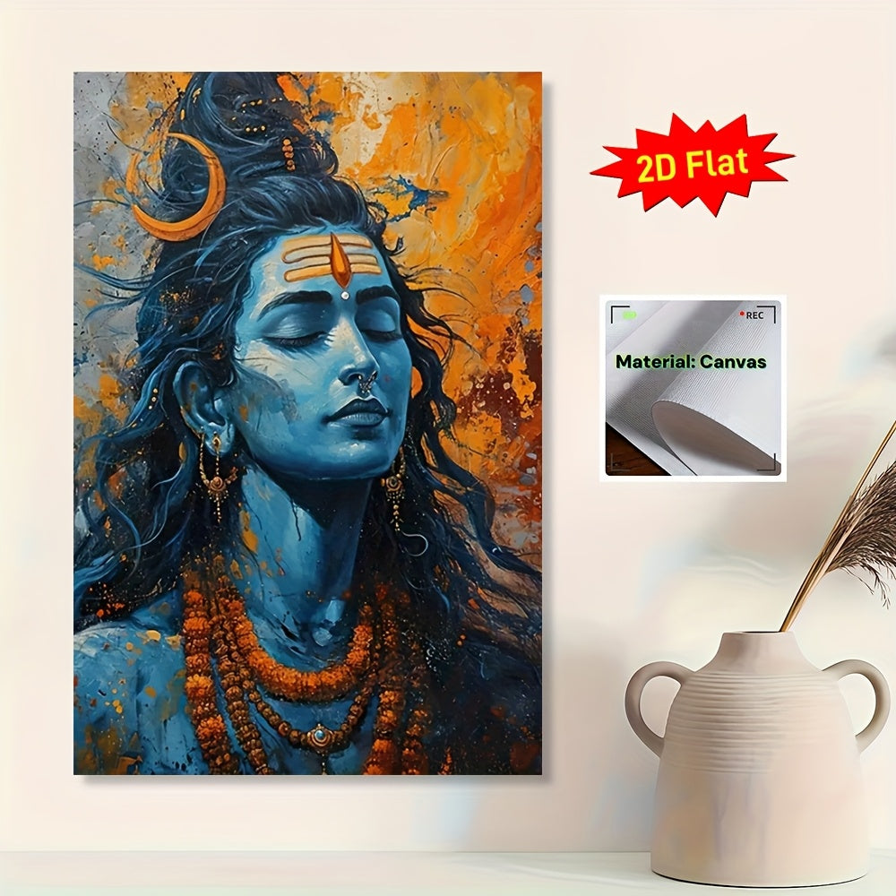 2D Flat Lord Shiva Hindu Deity Framed Canvas Wall Art | Blue and Golden Sacred Spiritual Decor for Home Temple Office or Dorm | Ready to Hang Scroll Poster Print Compatible with Indian Sutra Rods