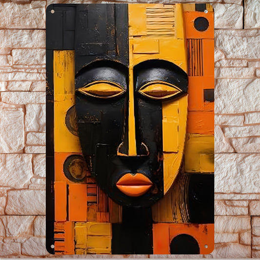 1pc African Mask Metal Wall Art Decor | Modern Tribal Metal Poster in Black Yellow Orange Red White Gray | 12x8 Inch Vintage Cultural Wall Decor for Living Room Office or Cafe