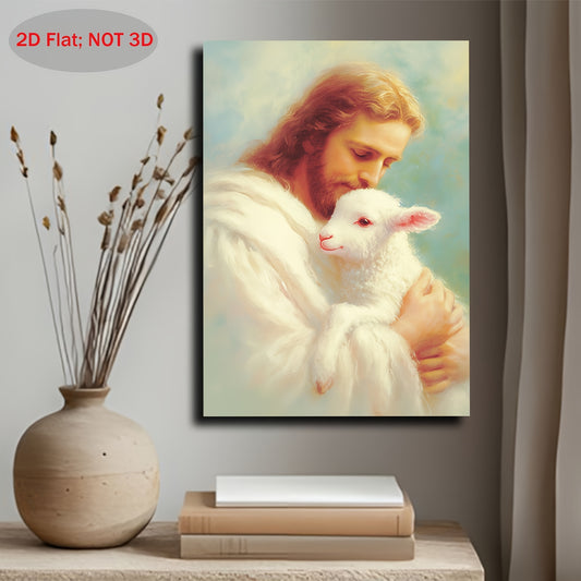 1pc 2D Flat Jesus Holding a Lamb Wooden Framed Canvas Painting | Classic Christian Wall Art in Soft Beige and Brown Tones | Spiritual Home Décor for Bedroom Living Room Kitchen or Bathroom | Faith-Based Gift | 11.8x15.7 Inch