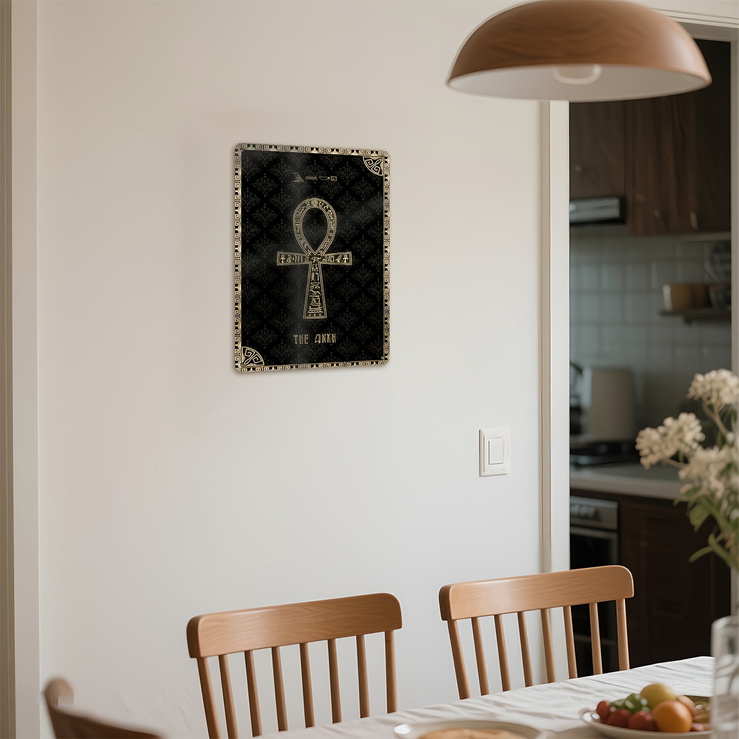 1pc Egyptian Ankh Cross Metal Wall Art | Golden and Black Ancient Egyptian Symbol with Hieroglyphic Border | 12x8 Inch Cultural Decor for Home Office Living Room Bedroom