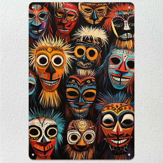 2D Flat African Tribal Mask Metal Sign | 12x8 Inch Cultural Wall Art Poster | Decorative Metal Wall Decor for Living Room Bedroom or Kitchen