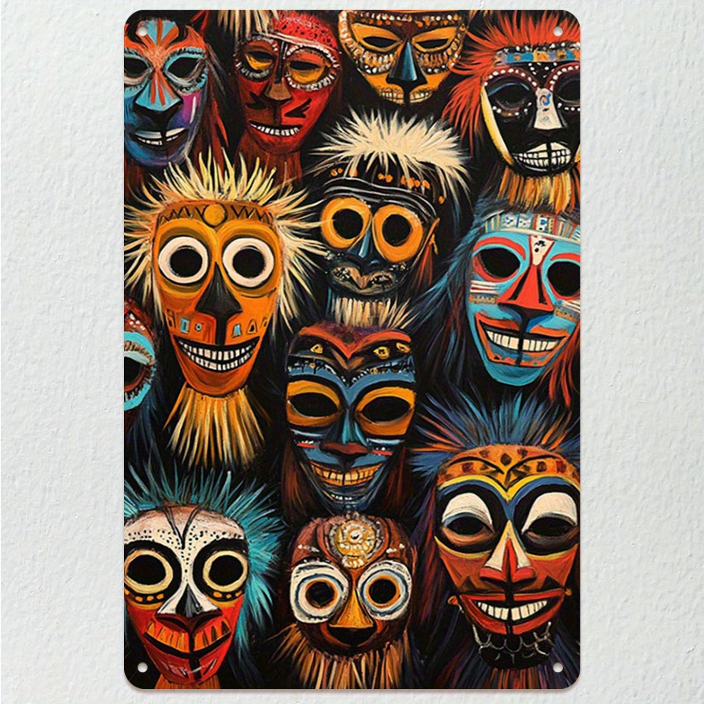 2D Flat African Tribal Mask Metal Sign | 12x8 Inch Cultural Wall Art Poster | Decorative Metal Wall Decor for Living Room Bedroom or Kitchen