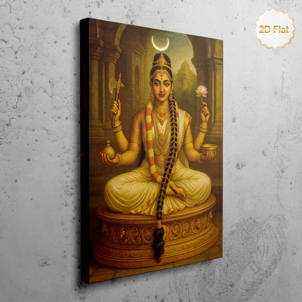 1pc 2D Flat Framed Hindu Goddess Devi Canvas Painting Crescent Moon Axe Lotus Pot Spiritual Wall Art for Living Room Bedroom Temple Meditation Room Study Office