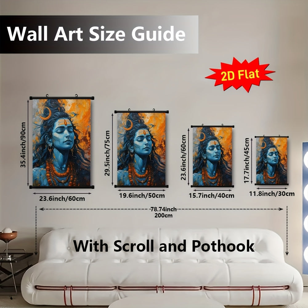 2D Flat 1pc Lord Shiva Hindu Deity Framed Canvas Wall Art | Indian Religious Icon in Blue and Gold | Ready to Hang Scroll Poster Print for Home Temple Office or Dorm | Compatible with Indian Sutra Rods