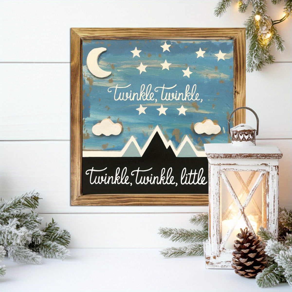 1pc 2D Flat Rustic Farmhouse Wood Framed Wall Art | Crescent Moon and Stars Night Sky in Blue and Golden Tones | Irregular Frame 2D Flat Panel for Bedroom Living Room Kitchen or Bathroom | Celestial Theme Home Décor