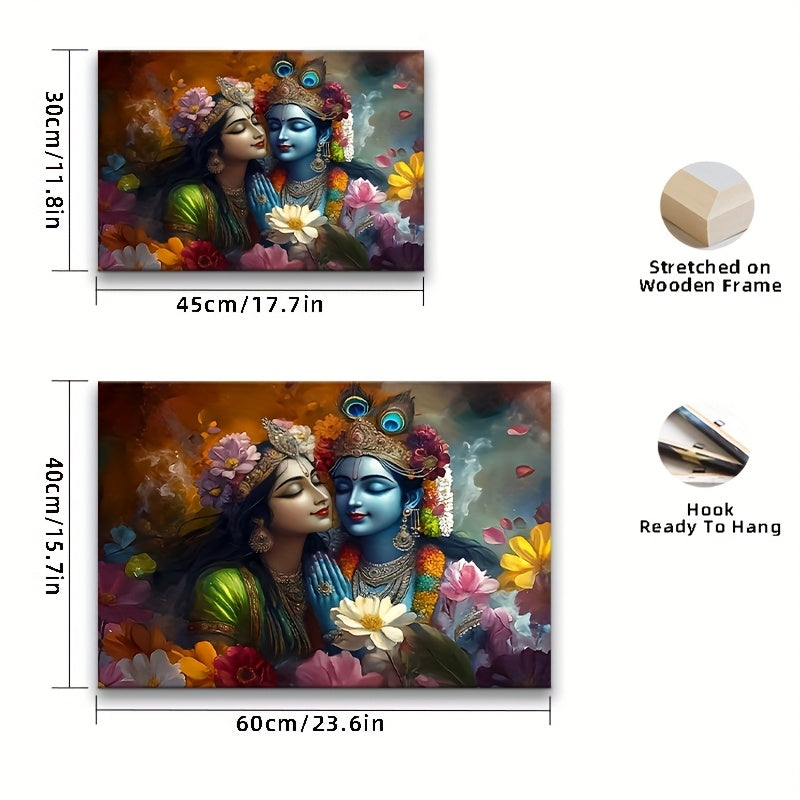 2D Flat Framed Radha and Krishna Sacred Love Canvas Art | Elegant Hindu Spiritual Wall Decor for Bedroom Living Room Office or Cafe