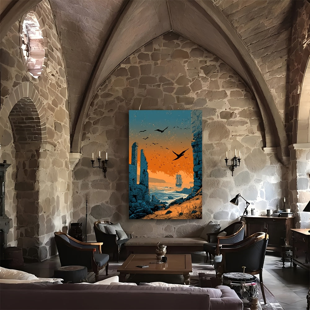 12x16 Inch Norse Viking Rune Framed Canvas Art Print | Ancient Ruins and Viking Ship Landscape in Earthy Orange and Teal | Norse Mythology Wall Decor for Living Room or Office