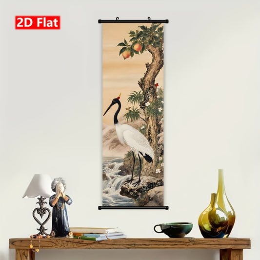 2D Flat 1pc Modern Abstract Framed Wall Art – Asian Landscape Ink Canvas Painting with Crane, Peach Blossoms & Waterfall for Bedroom, Living Room, Office Decor
