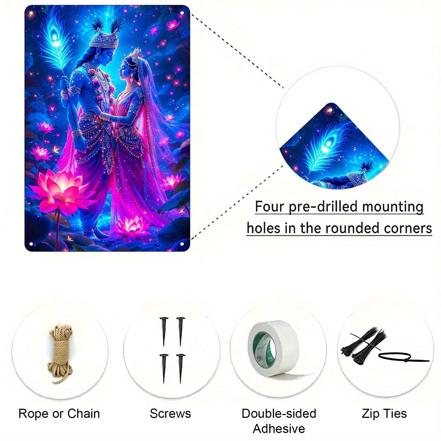 2D Flat 1pc Radha Krishna Divine Radiance Metal Wall Art 12x8" Blue and Pink Deities Starry Night and Lotus Flower Design Spiritual Decor for Meditation Room Living Room Religious Gift