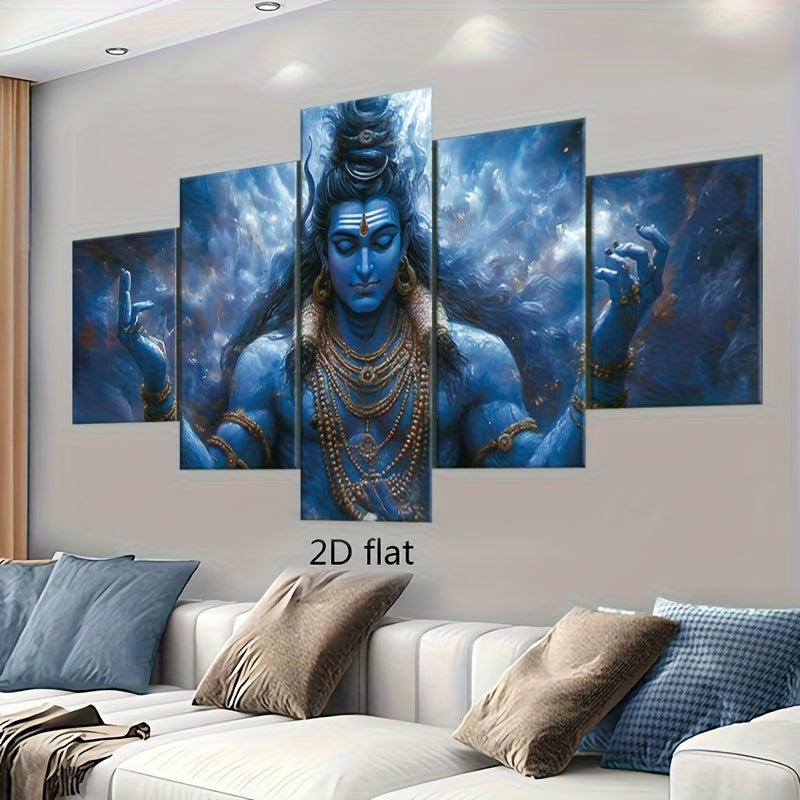 2D Flat 5pcs Frameless Canvas Hindu Shiva Portrait Statue Religious Theme Wall Art Spiritual Home Decor for Living Room Bedroom Office Dining Area Bar