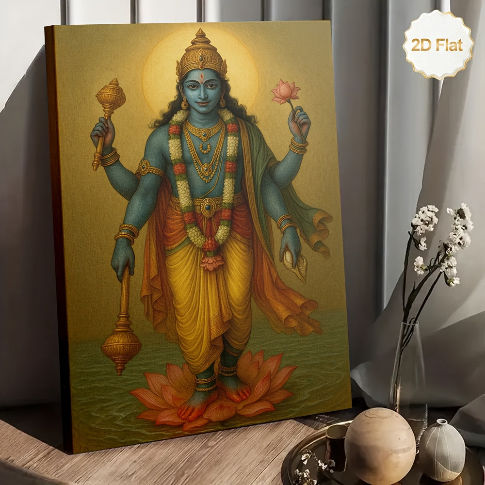 1pc 2D Flat Framed Hindu Deity Vishnu Canvas Painting Four Main Forms Chatur-Skhanda Spiritual Wall Art for Living Room Bedroom Meditation Room Office Temple
