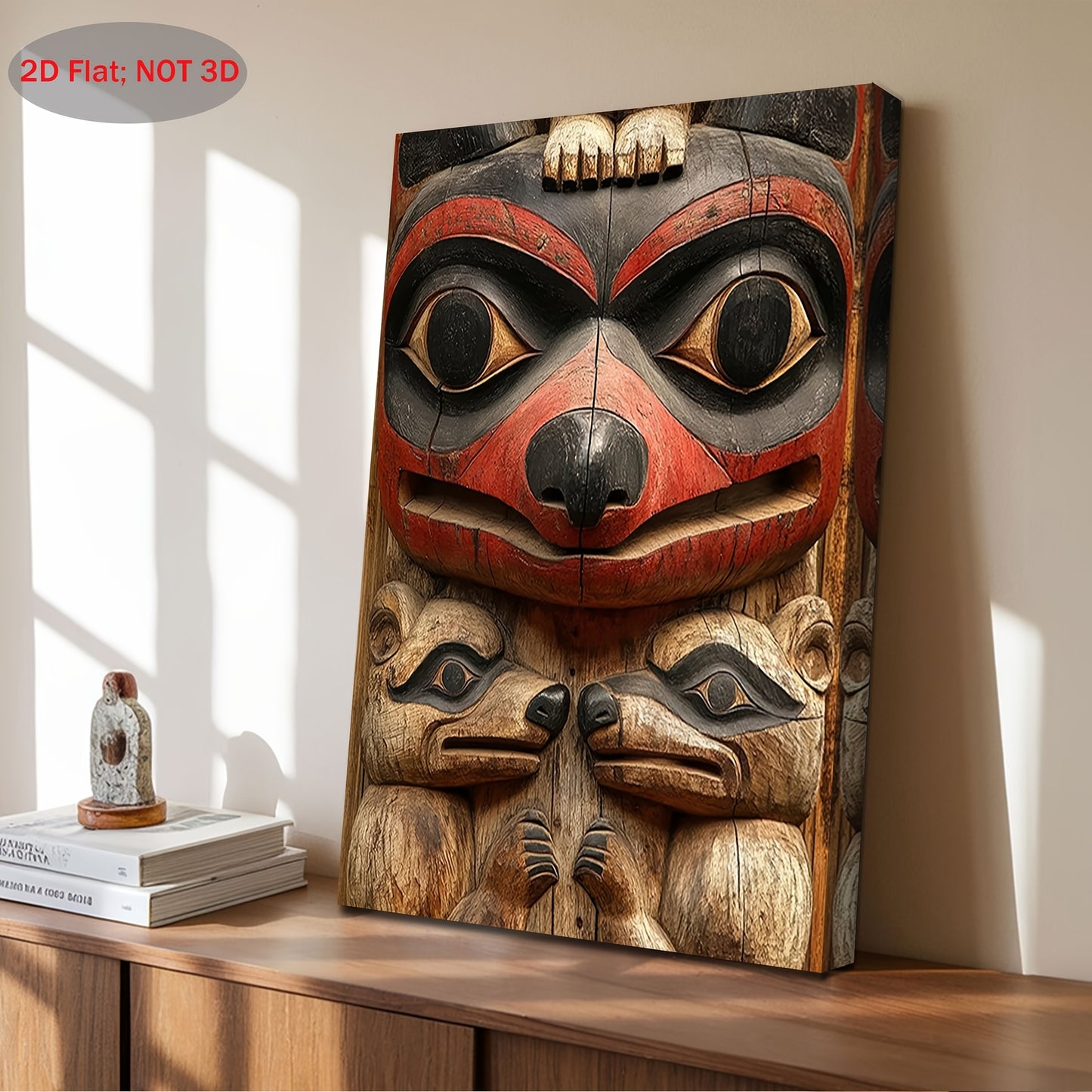 2D Flat 1pc Native American Totem Pole Wall Art | Red & Black Tribal Canvas Painting with Bear, Wolf & Orca | Cultural Hanging Decor (11.8×15.7 in / 30×40 cm)