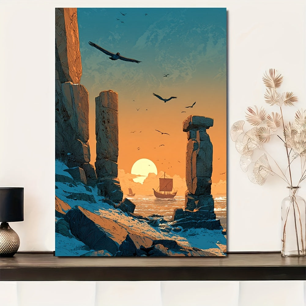 12x16 Inch Norse Viking Rune Framed Canvas Art Print | Ancient Ruins and Viking Longship Landscape | Scandinavian Mythology Wall Decor for Living Room Office or Man Cave