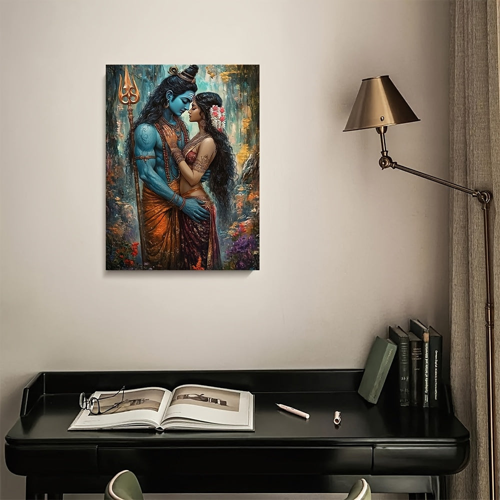 1pc Lord Shiva and Goddess Parvati Hindu Wall Art | Large 11.8x15.7 Inches 29.97x39.88cm Canvas Painting with Wooden Frame | Traditional Indian Gods Decor for Home Office Meditation Room | Spiritual Gift for Diwali or Wedding
