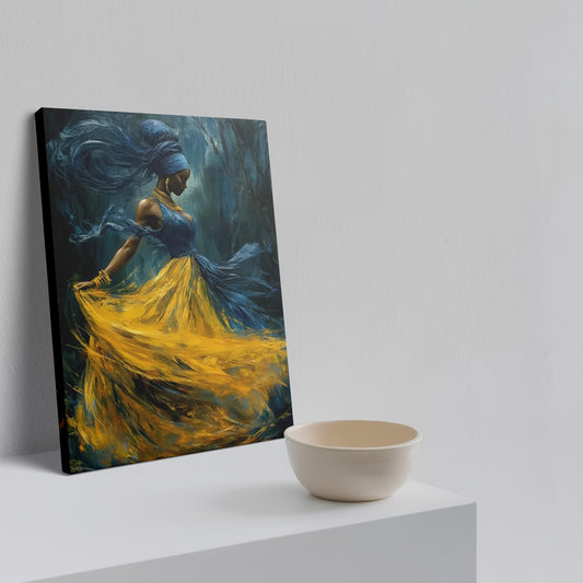 1pc African Storm Goddess Oya Canvas | Nigerian Yoruba Cultural Wall Art | Bold Yellow, Blue, Black, Gold, White, Green, Brown | Framed Modern African Art for Living Room Bedroom or Gift
