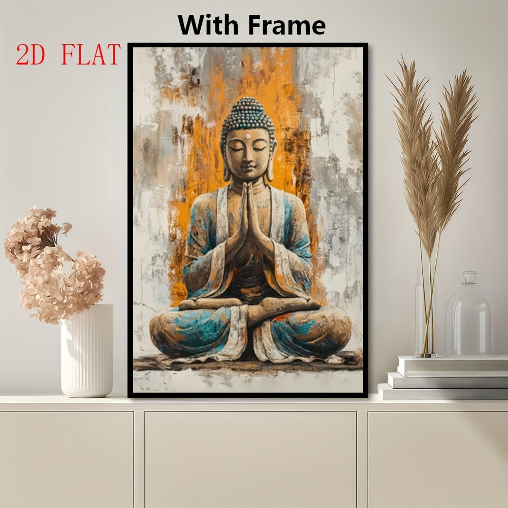2D Flat 1pc Art Deco Style Framed Canvas Print | Buddha Meditation Wall Art | 2D Flat Design with Polyvinyl Chloride Frame | Wall Decor for Home Bedroom Living Room Office Cafe Bar Dormitory Bathroom and Event Spaces
