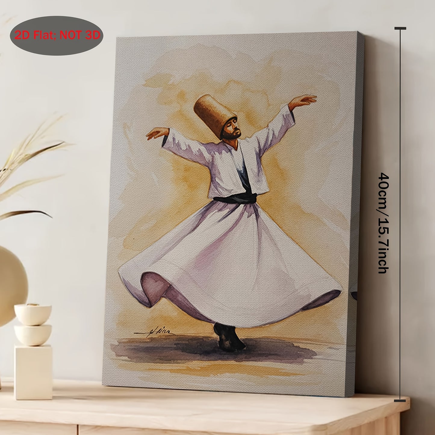 2D Flat 1pc Whirling Dervish Sufi Dance Mystic Turkish Cultural Wall Art Framed Canvas Painting 11.8x15.7 Inch for Bedroom Living Room Bathroom Kitchen Spiritual Gift