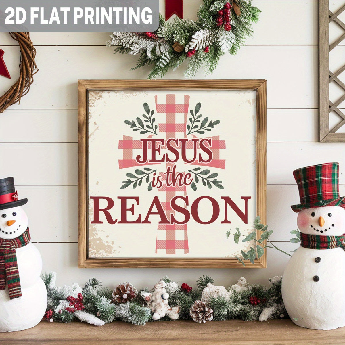 1pc 2D Flat Jesus Is the Reason Wooden Sign | Wooden Cross Scripture Wall Décor with Verse | Framed Farmhouse Design with Vertical Plaid and Greenery | Christian Home, Church, or Christmas Gift | 2D Flat