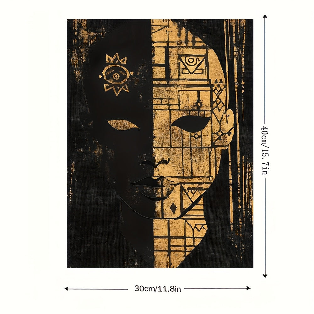 2D Flat Minimalist Framed Canvas Print – 11.8x15.7 Inch Stylized Tribal Portrait with Abstract Adinkra Symbols – Modern Wall Art for Living Room, Bedroom, or Office