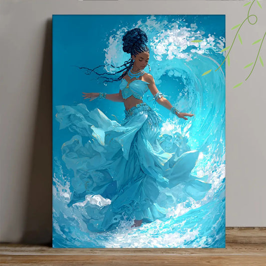 2D Flat 1pc Yemaya African Goddess Canvas Wall Art | Orisha Waves and Spiritual Themes | 12x18 Inch Wooden Frame Home Decor