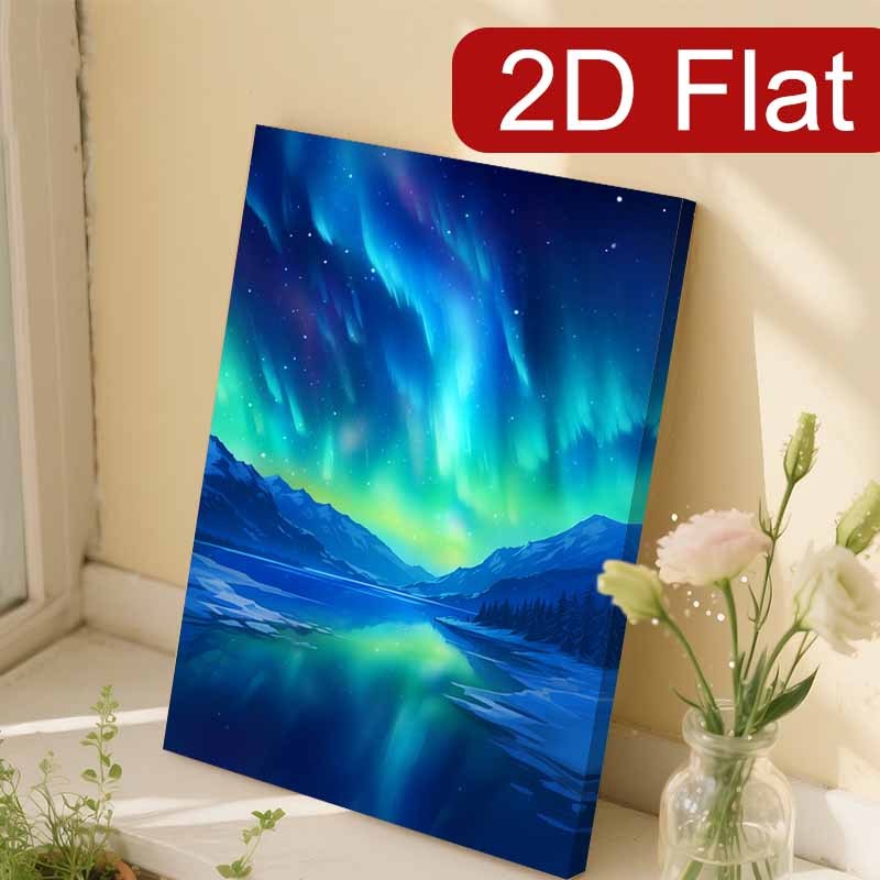 2D Flat 1pc Northern Lights Aurora Borealis Framed Canvas Wall Art | Green and Blue Aurora Over Snowy Mountains | Vertical Landscape Decor