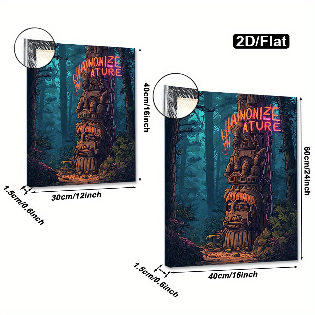 2D Flat Mysterious Totem Pole Forest Canvas Wall Art | Enchanted Woodland Painting with Neon “Harmonize with Nature” Quote | Wooden Framed Modern Nature Decor