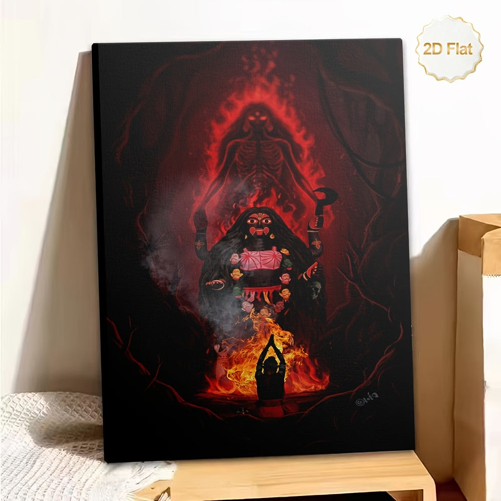 1pc 2D Flat Framed Canvas Painting Hindu Goddess Kali Skeleton and Flames Spiritual Wall Art for Living Room Bedroom Study Meditation Room Office