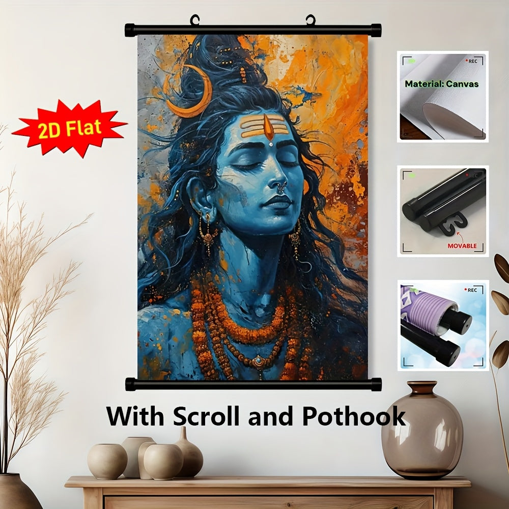 2D Flat Lord Shiva Hindu Deity Framed Canvas Wall Art | Blue and Golden Sacred Spiritual Decor for Home Temple Office or Dorm | Ready to Hang Scroll Poster Print Compatible with Indian Sutra Rods