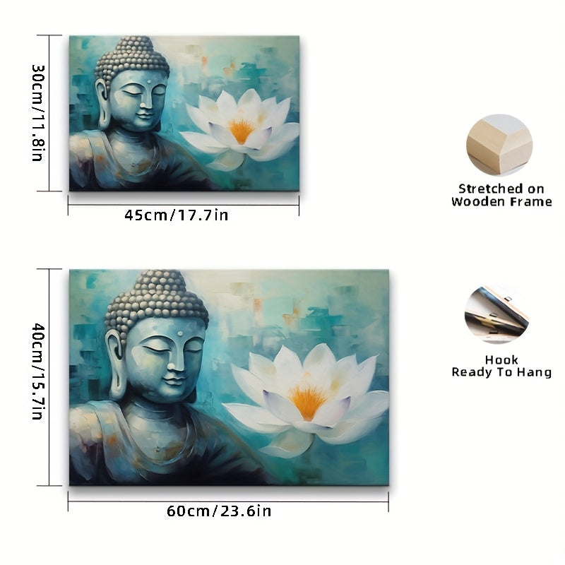 2D Flat Framed Zen Buddha in Lotus Canvas Wall Art | Serene Blue Halo Buddha with White Lotus | Wooden Frame Horizontal Spiritual Decor for Meditation Rooms Yoga Spaces Living Room and Bedroom