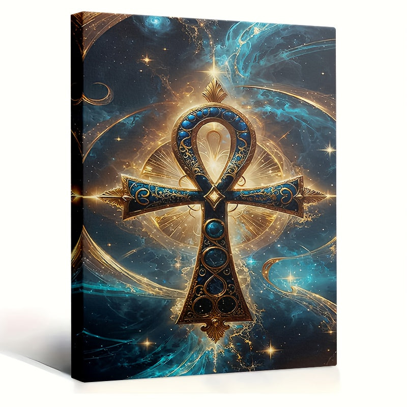 1pc Egyptian Cross Ankh Abstract Canvas Wall Art | Deep Blue and Gold Ancient Egyptian Symbol Print | 2D Flat Cultural Decor for Living Room Bedroom or Home Office