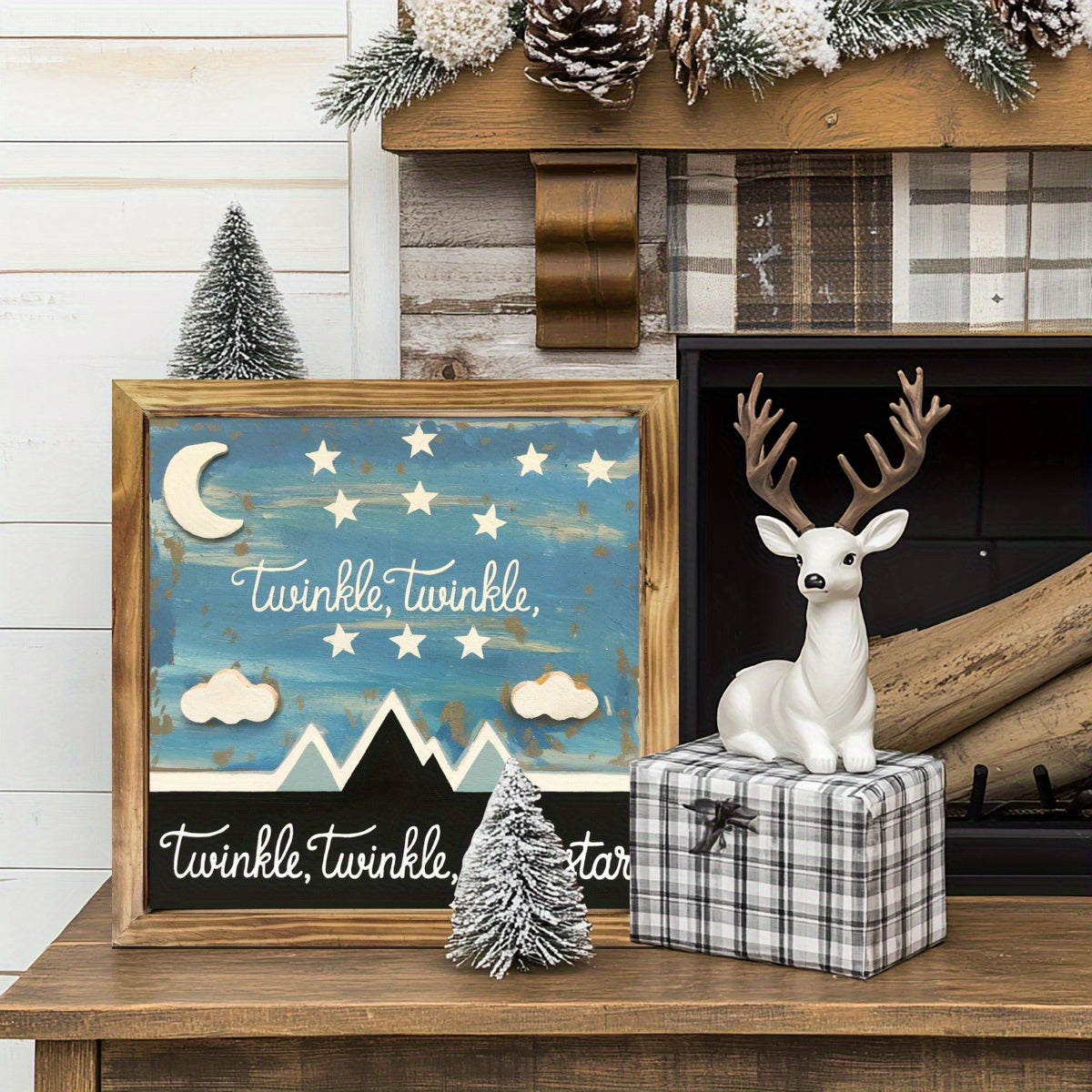 1pc 2D Flat Rustic Farmhouse Wood Framed Wall Art | Crescent Moon and Stars Night Sky in Blue and Golden Tones | Irregular Frame 2D Flat Panel for Bedroom Living Room Kitchen or Bathroom | Celestial Theme Home Décor